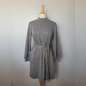Lucky Brand Gingham High Neck Puff Sleeve Belted Black & White Dress SZ L